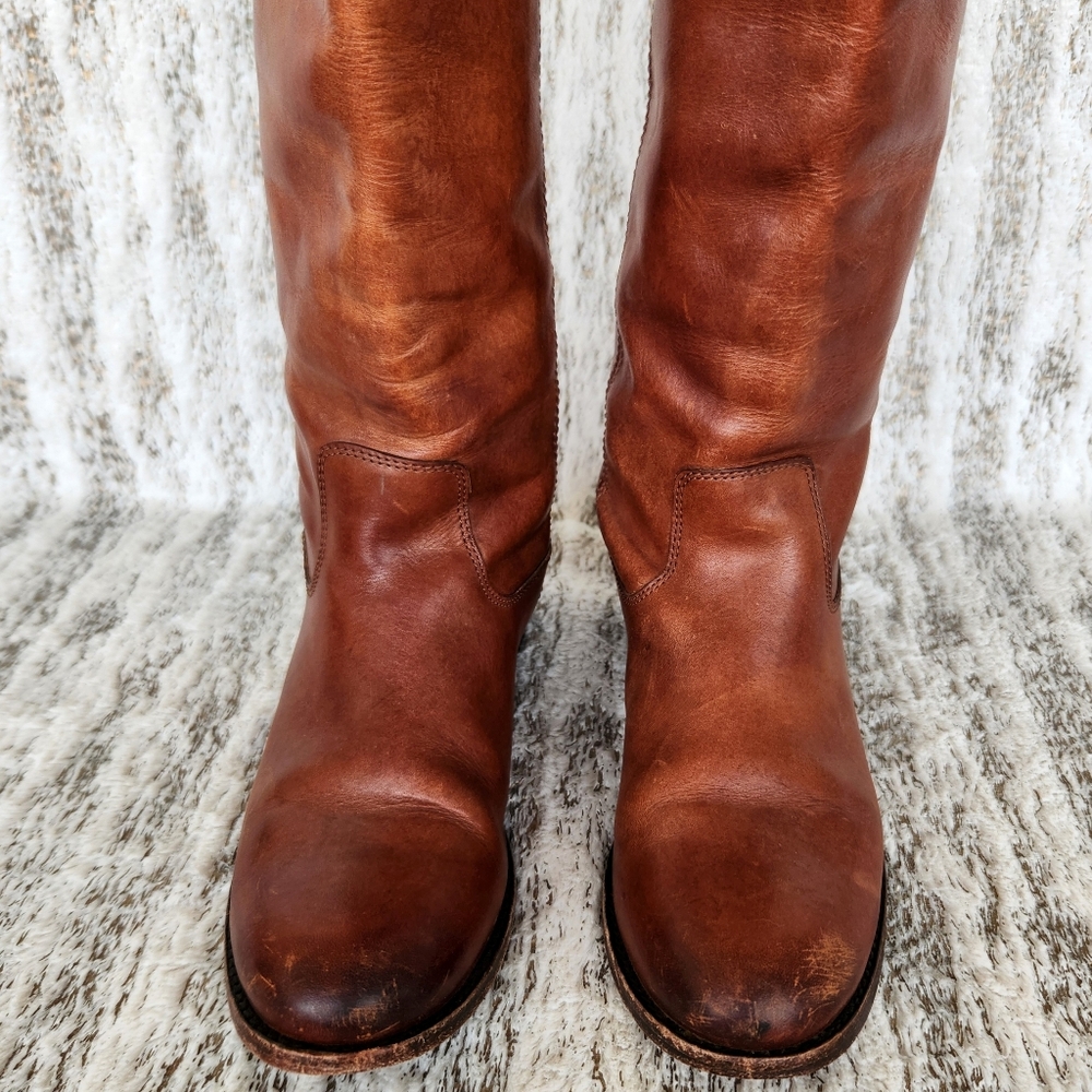 Frye "Melissa Button" Tall Riding Boots Cognac Brown Leather | Women's Size 5.5B - Picture 4 of 15